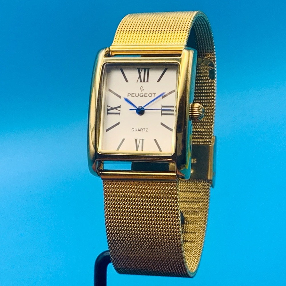 PEUGEOT 3036 Men’s Vintage Tank Watch Blue Hands Working New Battery/Mesh Strap